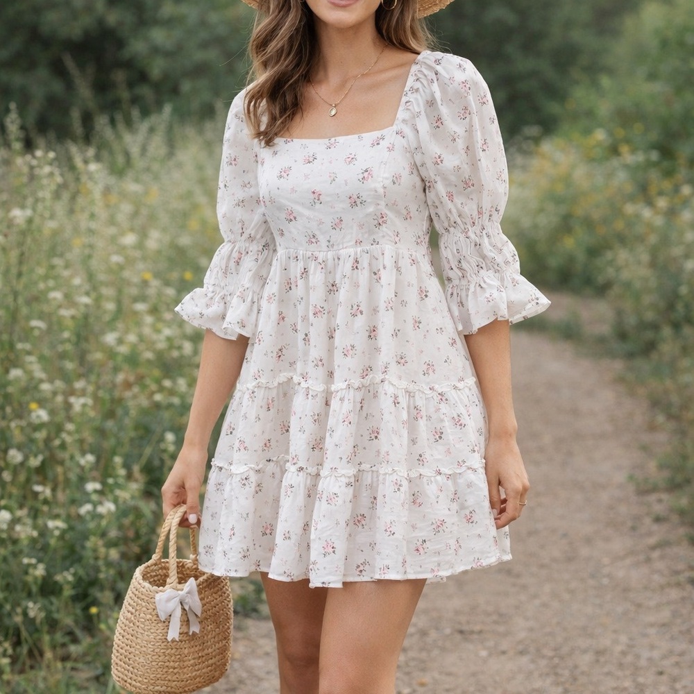 Storia Cream Floral Mini Dress with Puff Sleeves